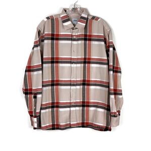 Zara Regular Fit Button Down Plaid Long Sleeve Shirt in Cream/Black/Orange